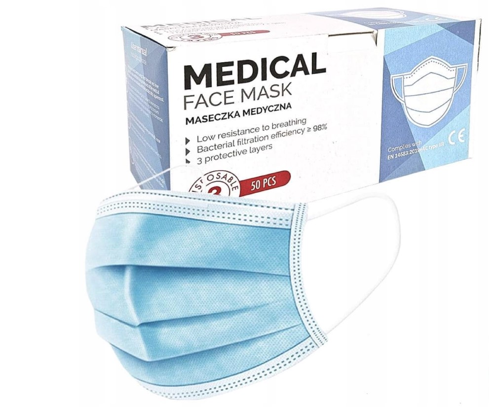 Синя хірургічна маска тип IIR 50шт медична, тришарова, на резинці