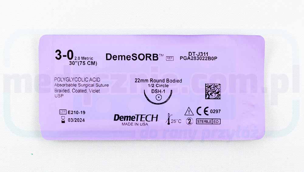 DEMECRYL Хірургічний шовний матеріал (що розсмоктується) 3/0 75см фіолетовий з заокругленою голкою 1/2 22мм DEMETECH 1 шт